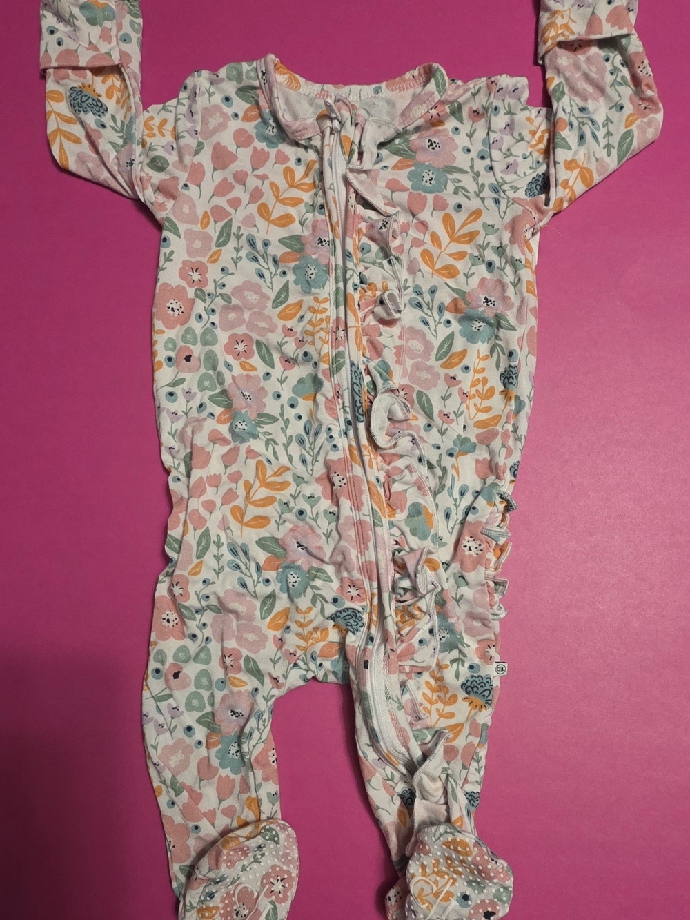 Caden Lane Pink Floral Ruffle Zip-Front Footie Pajamas - Picture 2 of 7